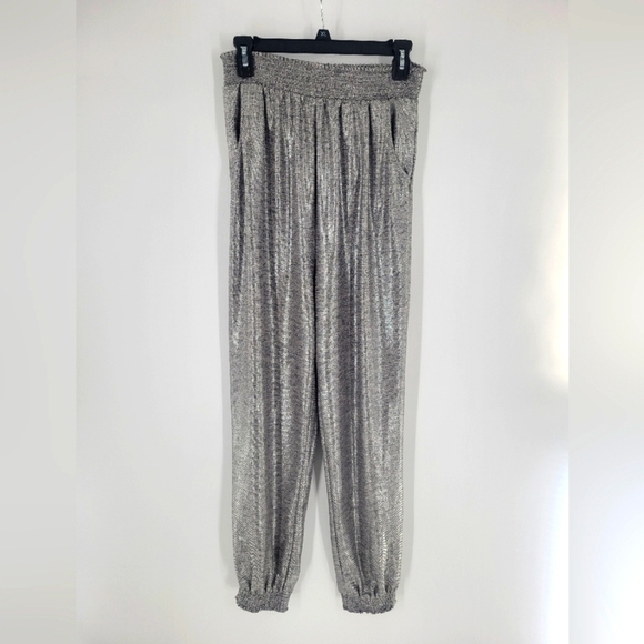 ANTHROPOLOGIE Gillian Shimmer Jogger Womens Sz Medium Silver Metallic Pants - Picture 2 of 4